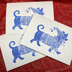 Cartes de voeux teckel, fabriquées et imprimées à la main, chien saucisse, fête, tampon en caoutchouc drôle mignon chien coupe lion, faites par l'artiste.