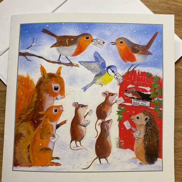 The Christmas PostBox, Christmas card, printed inside, philately, stamp collectors, robin, mouse, red squirrel, British wildlife, animals