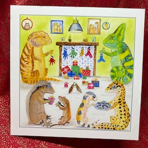 Carte de vœux de Noël Lézards Mince Flies, gecko léopard, gecko à crête, gecko gargouille, caméléon, reptile, vers de cire, vers de farine.