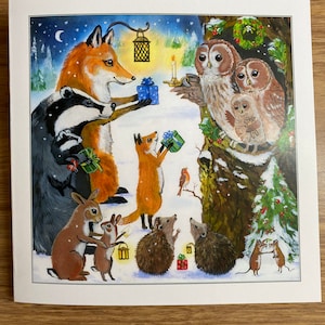Visiter la carte de Noël de la famille Owl, chouettes hulottes, renard, blaireau, lapin, amis, parents, douce, polie, jolie carte, pour grand-mère, maman.