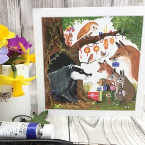Anniversaire surprise du blaireau... carte de voeux vierge, fête, lièvre, blaireau, renard, animaux des bois, merci, nature.