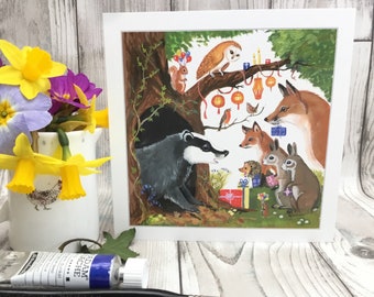 Badger’s surprise birthday..blank greeting card, celebration, Hare, Badger, Fox, woodland animals, thank you, nature.