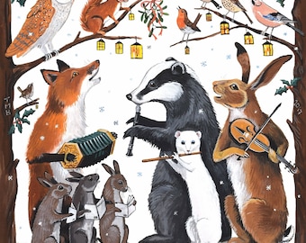 May include: A whimsical Christmas illustration featuring a badger playing a clarinet, a fox playing an accordion, a rabbit playing a violin, a squirrel, a weasel playing a flute, and a variety of birds. The illustration is set against a snowy background with holly and mistletoe.