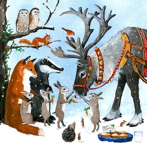 Welcoming the Visitors, Christmas Card, Reindeer, Santa, Rabbits, Fox, Badger, Mice, Owls, pretty happy sweet Card, childhood, pet.