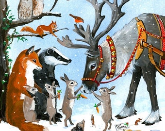 Welcoming the Visitors, Christmas Card, Reindeer, Santa, Rabbits, Fox, Badger, Mice, Owls, pretty happy sweet Card, childhood, pet.