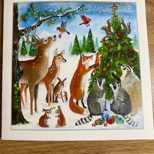 Friends decorating the Christmas Tree Card, fox, whitetail deer, cardinal bird, American Badger, moose, United States animals wildlife.