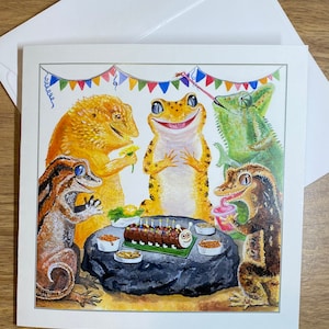 Carte d'anniversaire reptile, imprimée à l'intérieur. Gecko léopard, gargouille, huppé, dragon barbu, caméléon, galette de chenille, reptiles, lézards.