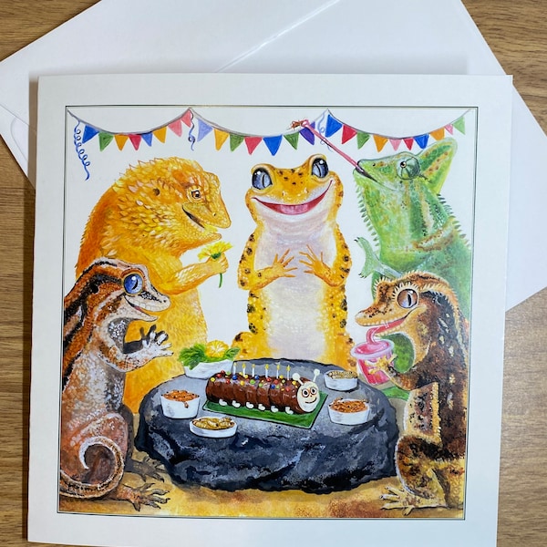 Reptile birthday card, printed inside. Leopard Gecko, gargoyle, crested, bearded dragon, chameleon, caterpillar cake,  reptiles, lizards.