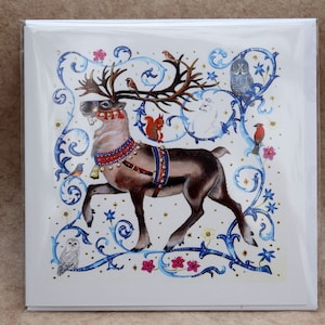 Renne, CARTE DE NOL De nouveau disponible !  animaux de l'Arctique, écureuil roux, carte de Noël, lettres lumineuses médiévales, unique par l'artiste.
