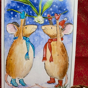 Carte de Noël souris de Noël, souris, souris, gui, neige, amour, petit ami, petite amie, doux, sans jurons, poli. Amitié