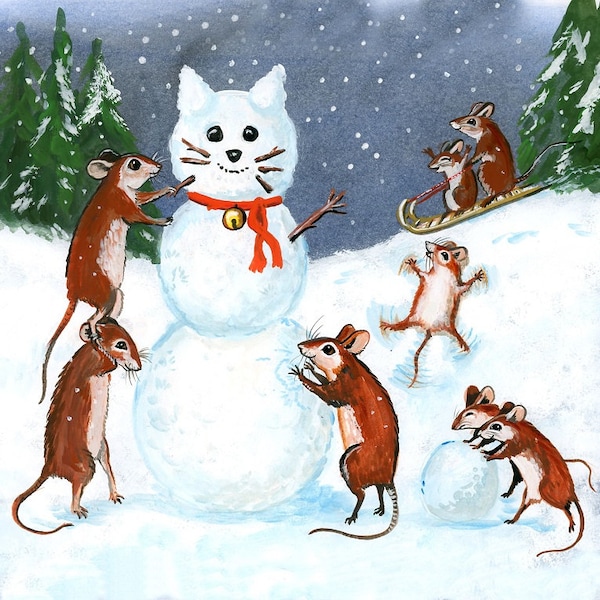 Christmas card, printed greeting, folded, mice, Mouse, Cat, funny, humorous, pretty, traditional, children, snowmen, snow angel, happy Card.