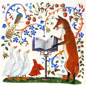 Version BLANK Carte de Noël du choeur d'oies, style médiéval allemand, renard, poulet, oies, historique, bestiaire, manuscrit enluminé.