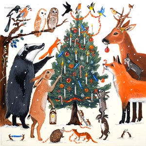 1 CARTE DE NOËL « Décorer le sapin de Noël » Le Jolly Caméléon, Animaux de la forêt, blaireau. Tabitha McBain