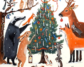 May include: A whimsical Christmas scene with a variety of animals decorating a Christmas tree. A badger, a hare, a fox, a deer, and several birds are all helping to decorate the tree with ornaments, candy canes, and lights. The tree is decorated with a red and white candy cane pattern. The scene is painted in a bright and colorful style.