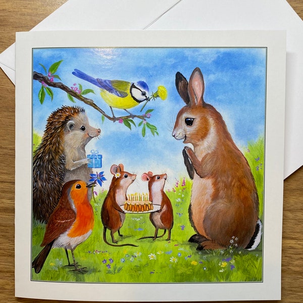 Carrot Cake card. BLANK,  Bunny birthday card, blank inside, robin, bunny, rabbit, hedgehog, mouse, mice, cute, sweet, polite, happy.