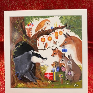 Badgers Happy Birthday card, printed inside, badger, hare, Fox, rabbits, woodland, animals, wildlife, friend, happy, sweet, English, U.K