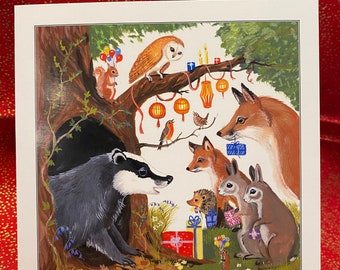 Badgers Happy Birthday card, printed inside, badger, hare, Fox, rabbits, woodland, animals, wildlife, friend, happy, sweet, English, U.K