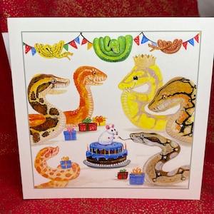 Carte de voeux, serpent python royal, intérieur vierge, serpent des blés, python réticulé, boa, couleuvre à nez plat. Gardiens de serpents, carte de reptile.