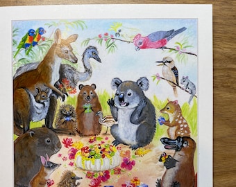 Koala party PRINTED inside, birthday card. Echidna, bandicoot, galah, lorikeet, quokka, kangaroo, emu, Kookaburra, wombat, sugar glider