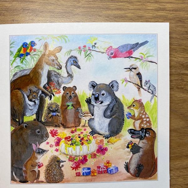 Koala party PRINTED inside, birthday card. Echidna, bandicoot, galah, lorikeet, quokka, kangaroo, emu, Kookaburra, wombat, sugar glider