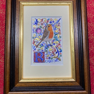 Robin, egg tempera, genuine parchment, 24ct Gold Leaf, miniature medieval illumination style, jewels, book of kells, By Tabitha McBain.