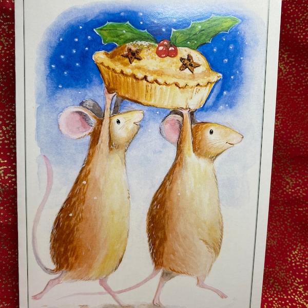 Mince spies Christmas card, mince pies, Holly, snow, mice, animals, mouse, sweet, funny, cute, polite, friends, food, cooking, baking
