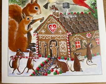 May include: A gingerbread house with candy cane trim and a red heart on the front.  A red cardinal, a chickadee, and two squirrels are perched on the roof.  Five mice are gathered around the house, some carrying candy canes and one reading a book.