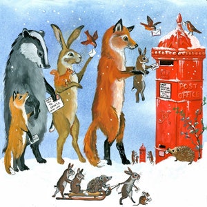 Lettres au Père Noël. Carte de Noël pliée, jolie et douce, renard, lapin, blaireau, hérisson, boîte aux lettres, pots, philatélie, Noël des enfants.