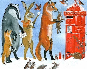 Letters to Santa. Christmas Card, folded, pretty and sweet, Fox, rabbit, Badger, Hedgehog, Post box, pots, philately, children’s Christmas.