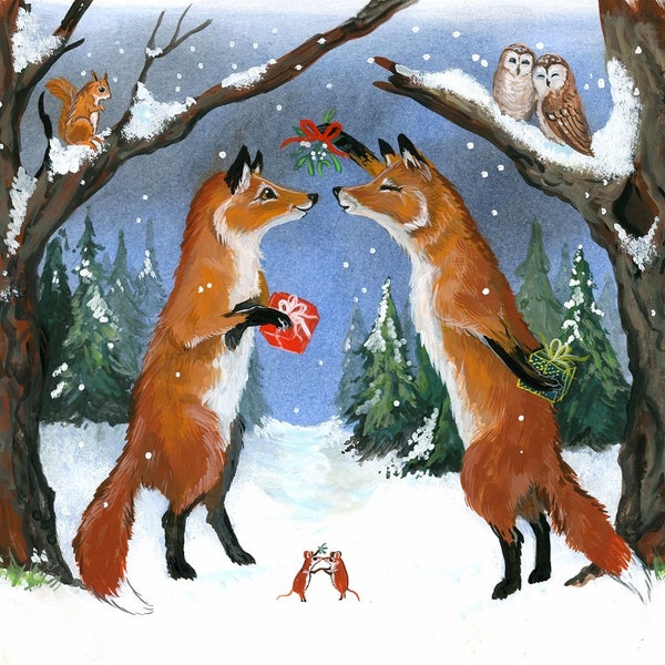 Under the Mistletoe, printed inside, Foxes, Fox, British wildlife Christmas Card, Artists own, unique, exclusive on Etsy.