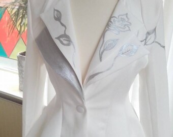 Women's blazer, white with silver painting. Size S