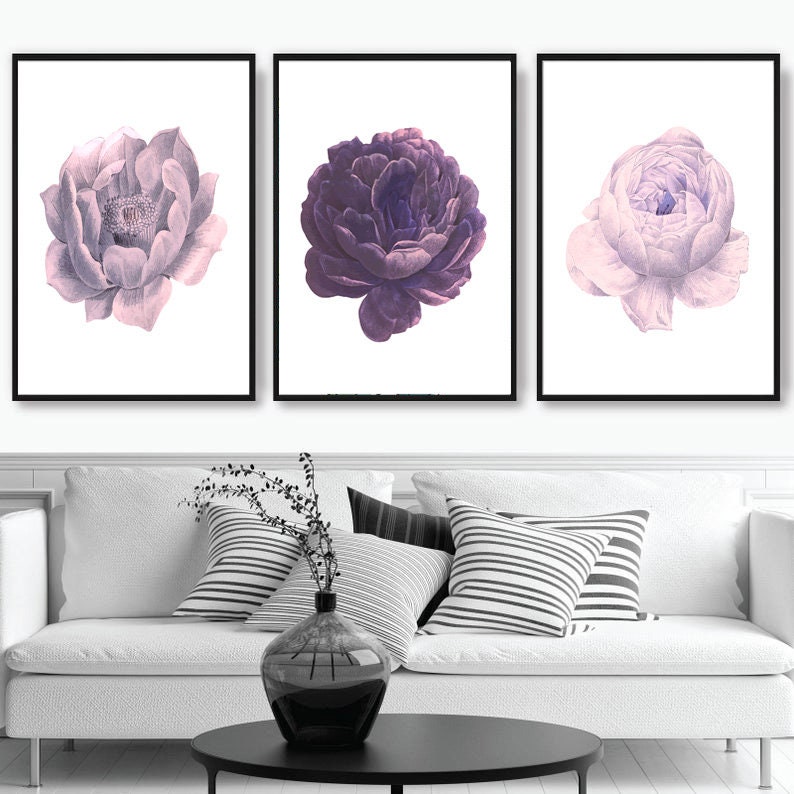 Set of 3 Prints Purple Wall Art Purple Flowers Print Set of Etsy