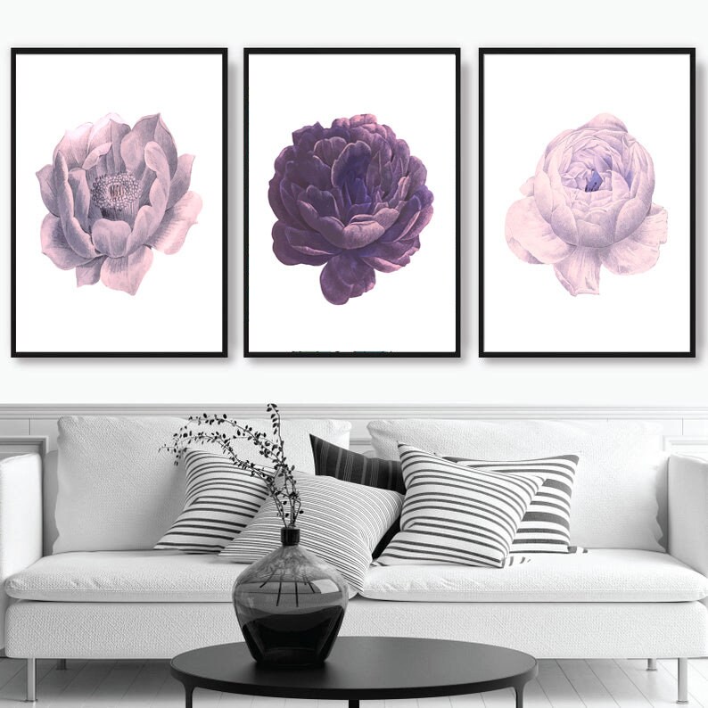 Set of 3 Prints Purple Wall Art Purple Flowers Print Set of Etsy