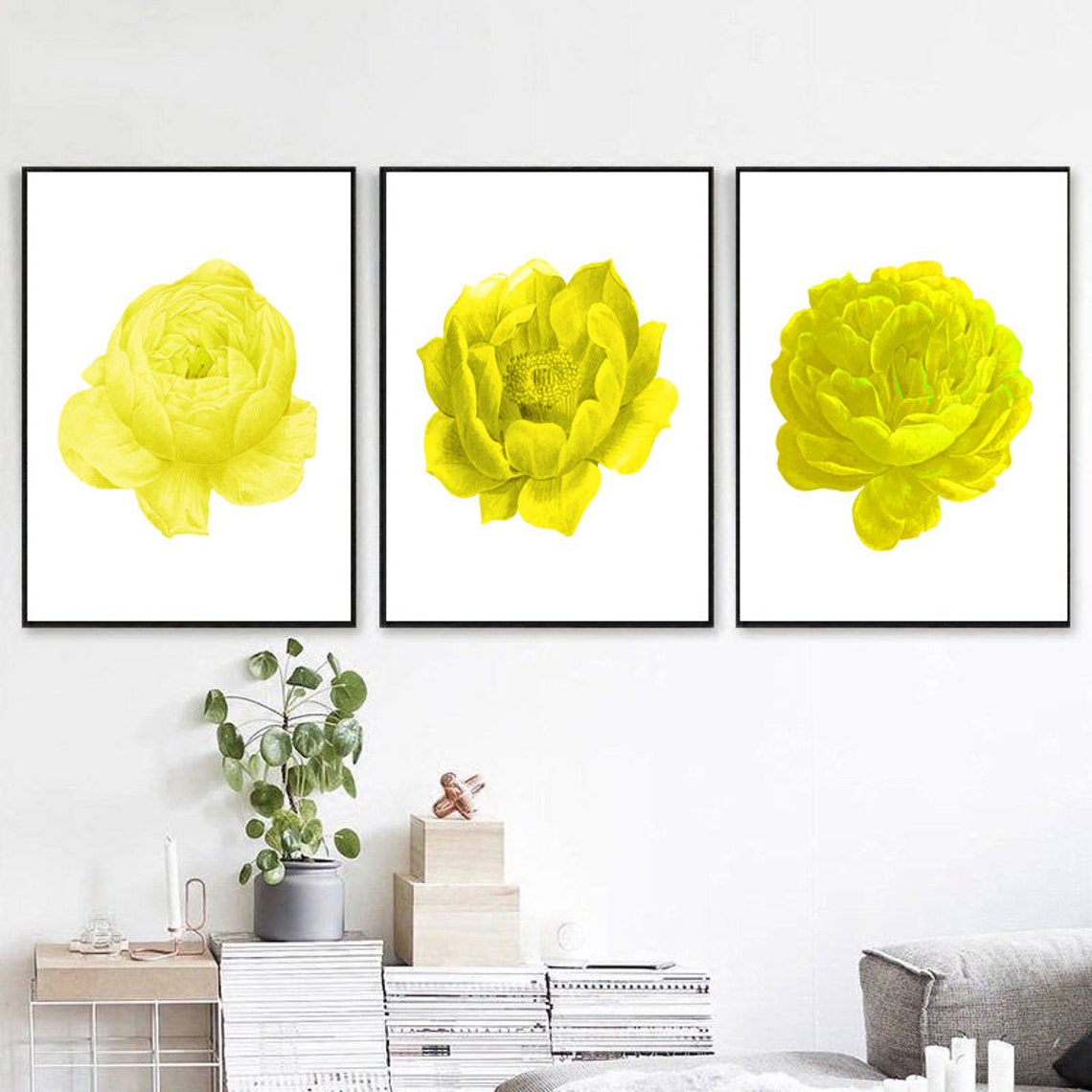 Set of 3 Prints Yellow Wall Art Yellow Flowers Print Set of Etsy