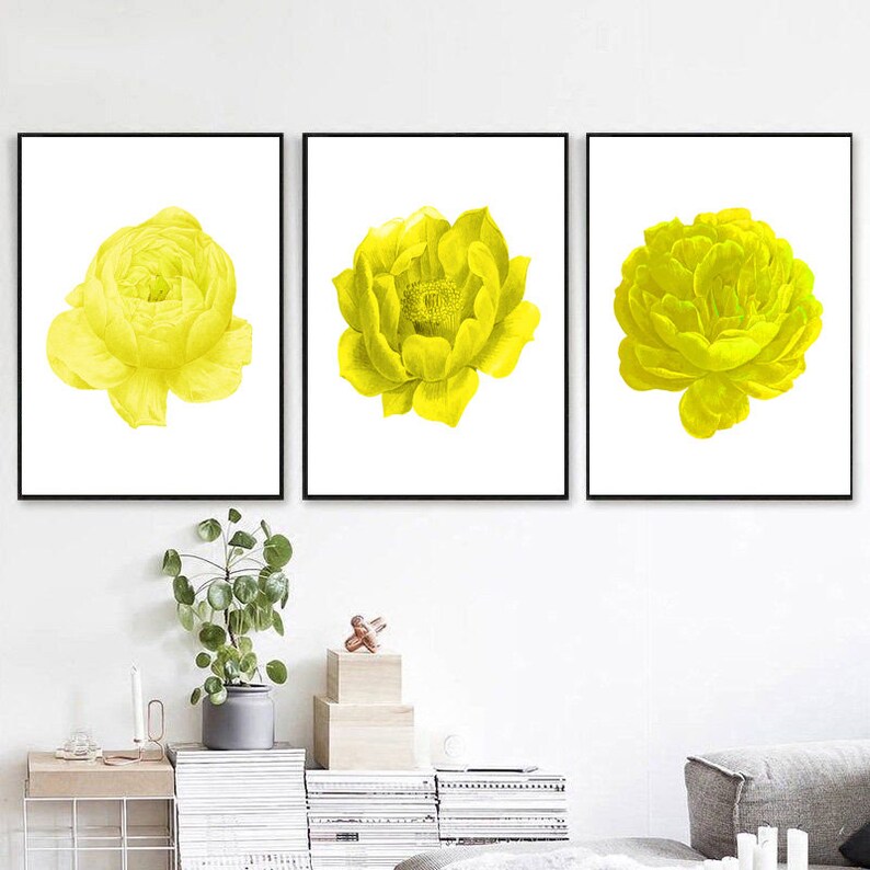 Set of 3 Prints, Yellow Wall Art, Yellow Flowers Print, Set of 3 Wall