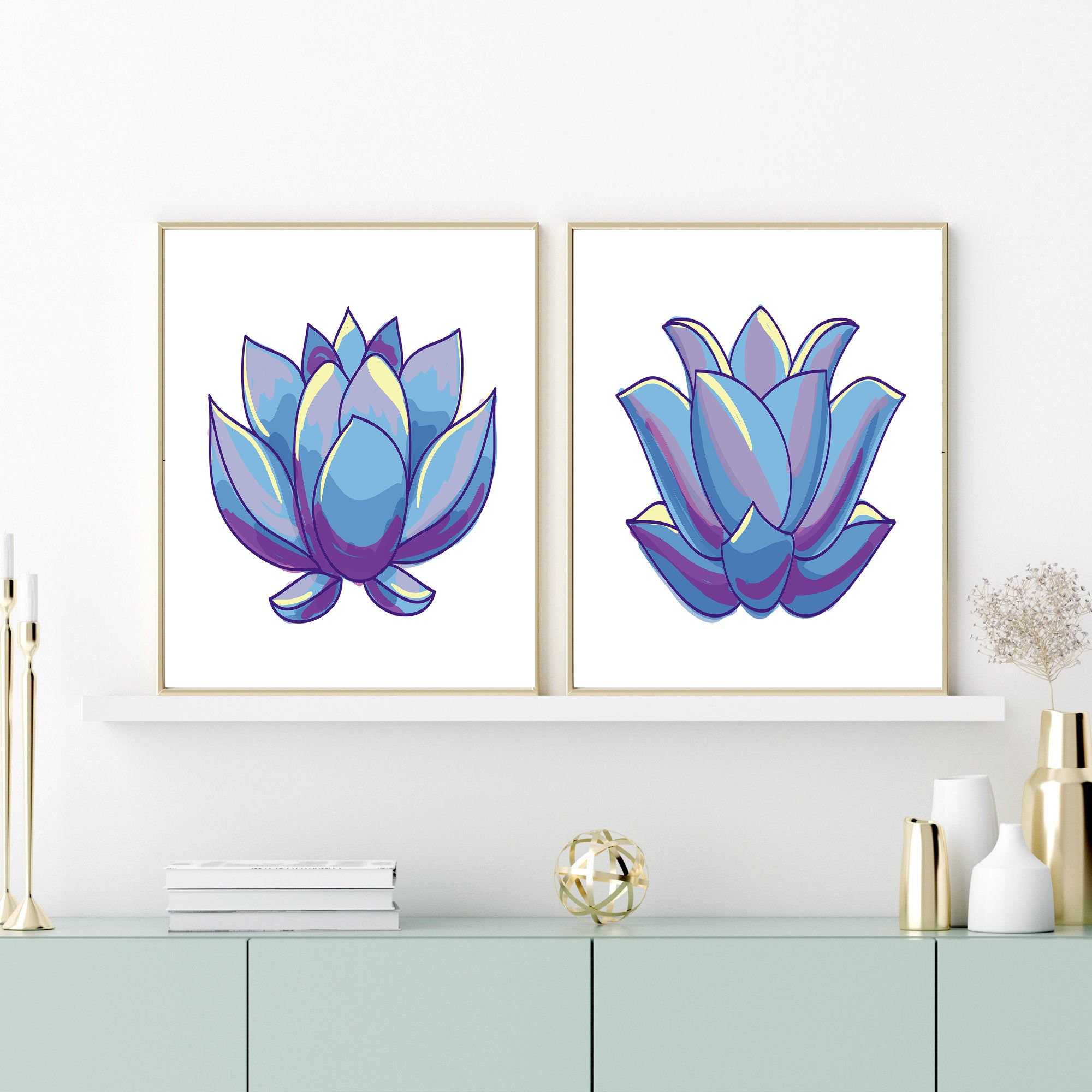 Set of 2 Prints,blue Lotus Flower Print, Set of 2 Wall Art, Flowers ...