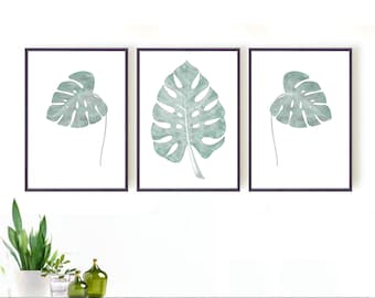 Botanical print set of 3, Set of 3 Botanical Prints,Green Botanical Print, Green Leaves Print, Set of 3 Wall Art, Botanical Leaf Wall Art