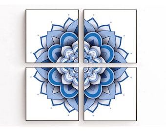 Mandala azul impresa, arte digital imprimible para pared, decoración de yoga, juego de 4 láminas