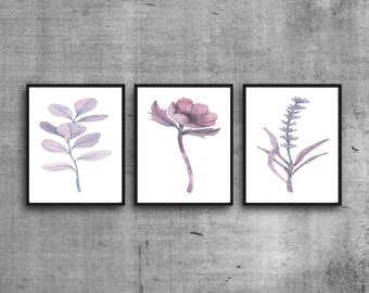 Set of 3 Prints, Purple Wall Art, Purple Plant, Set of 3 Wall Art, Botanical Art, Purple Wall Decor,Botanical Print Set, Botanical Printable