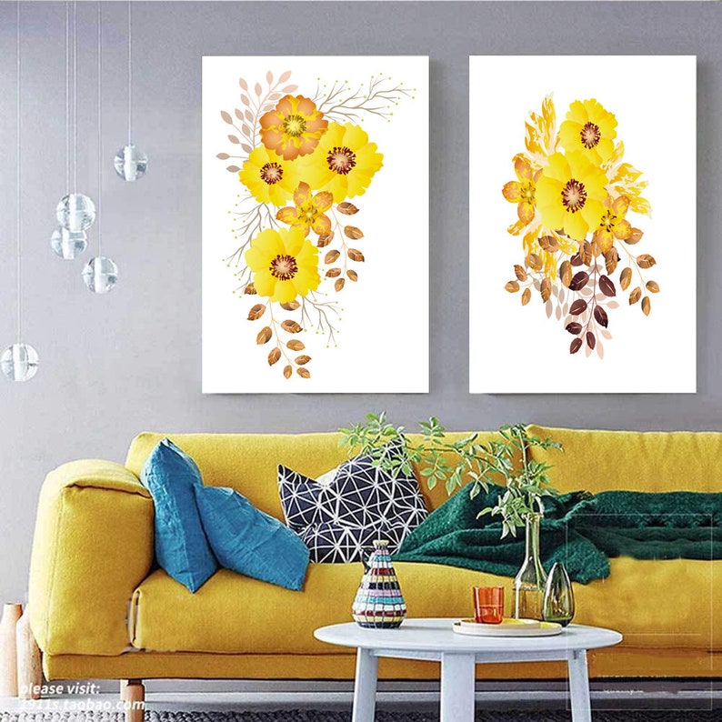 Set of 2 Prints, Yellow Wall Art, Yellow Flowers Print, Set of 2 Wall