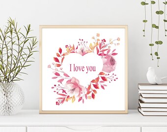 Floral Art Decor,Watercolor Floral Heart Shaped Wall Art,Nursery Floral Art,Romantic Rose Valentine,Valentines Day Decor,Valentines Day Gift