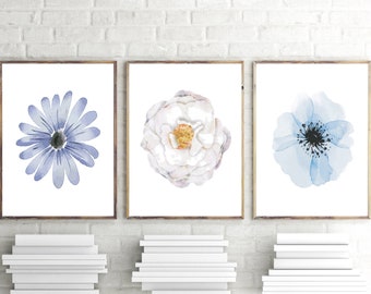 Set of 3 Prints, Blue Wall Art, Blue Flowers Print, Set of 3 Wall Art, Flowers Decor, Blue Wall Decor, Flowers Wall Art, Botanical Print