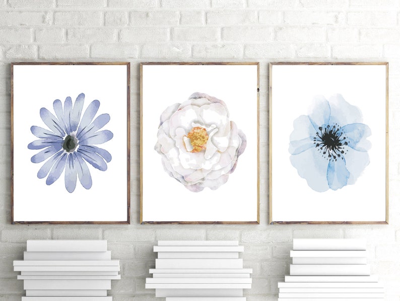 Set of 3 Prints, Blue Wall Art, Blue Flowers Print, Set of 3 Wall Art