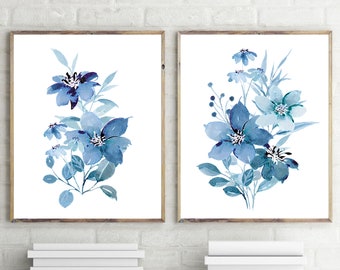 Set of 2 Prints, Blue Wall Art, Blue Flowers Print, Set of 2 Wall Art, Flowers Decor, Blue Wall Decor, Flowers Wall Art, Botanical Print