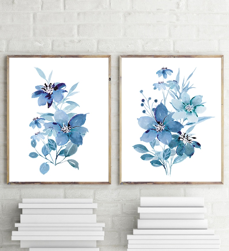 Set of 2 Prints, Blue Wall Art, Blue Flowers Print, Set of 2 Wall Art