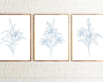 Set van 3 prenten, blauwe muurkunst, bloemendecor, botanische print, afdrukbaar kunstwerk