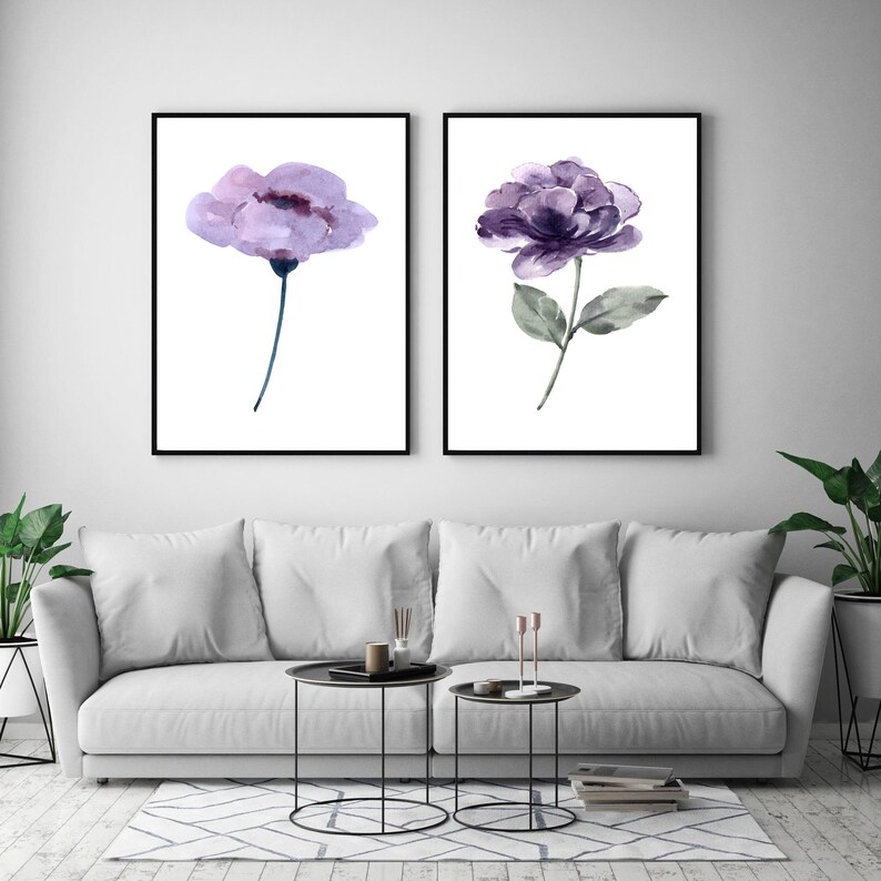 Set of 2 Prints, Purple Wall Art, Purple Flowers Print, Set of 2 Wall