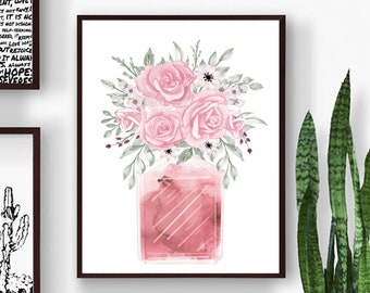 Perfume Bottle Decor, Perfume Print, Pink Wall Art,Botanical Print,Flowers Wall Art,Floral Print,Bouquet Printable,Pink Artwork, Digital Art