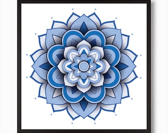 Blue Mandala Print, Meditation Digital Printable Wall Art, Yoga Decor, Spiritual Geometric Shape Artwork