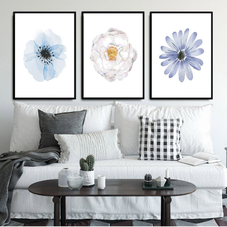 Set of 3 Prints, Blue Wall Art, Blue Flowers Print, Set of 3 Wall Art